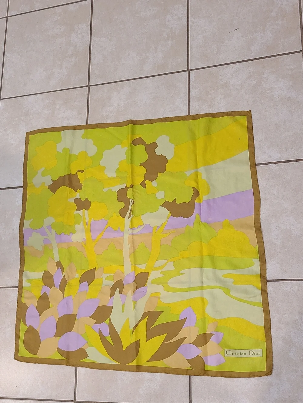 Christian Dior Vintage Floral Silk Scarf Brown Green Yellow Lavender Luxe